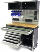 HBM verrijdbare werkbank 136 cm met 7 laden, deur, kastenwand, achterwand en accessoires, grijs
