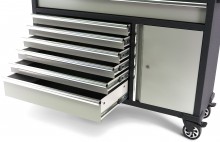 HBM verrijdbare werkbank 136 cm met 7 laden, deur, kastenwand, achterwand en accessoires, grijs