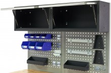 HBM verrijdbare werkbank 136 cm met 7 laden, deur, kastenwand, achterwand en accessoires, grijs