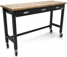 HBM verrijdbare werkbank 152 cm met 3 laden, massief houten werkblad, zwart, 150 kg, 125 mm wielen