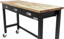HBM verrijdbare werkbank 152 cm met 3 laden, massief houten werkblad, zwart, 150 kg, 125 mm wielen