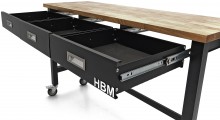 HBM verrijdbare werkbank 152 cm met 3 laden, massief houten werkblad, zwart, 150 kg, 125 mm wielen