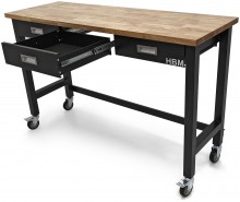 HBM verrijdbare werkbank 152 cm met 3 laden, massief houten werkblad, zwart, 150 kg, 125 mm wielen