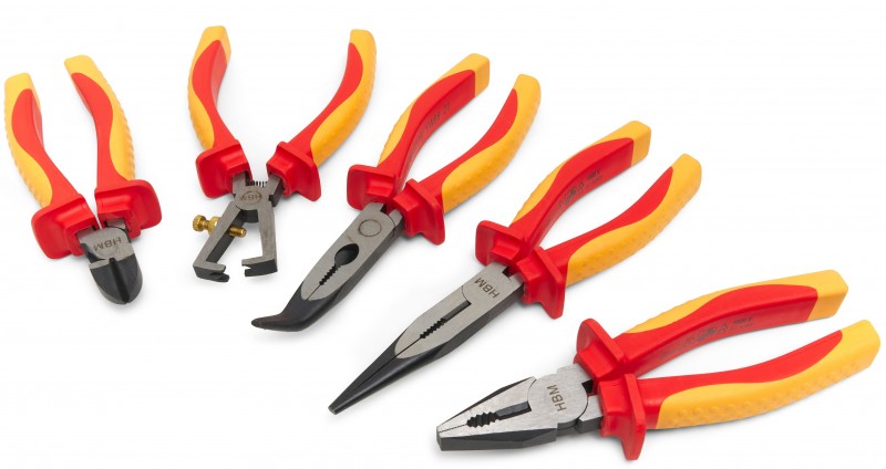HBM 5-delt professionelle VDE tangsæt - kombinationstang, sidebidetang, spidstang og wireafisoleringstang med inlay.
