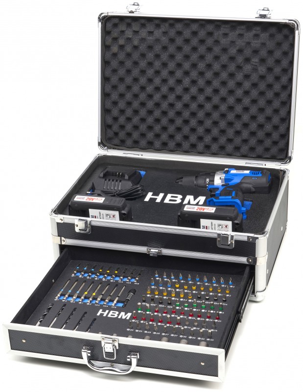 HBM 20V 2.0Ah batteriboremaskine 55 Nm med 100-delt tilbehørssæt, 2 batterier, oplader og kuffert.