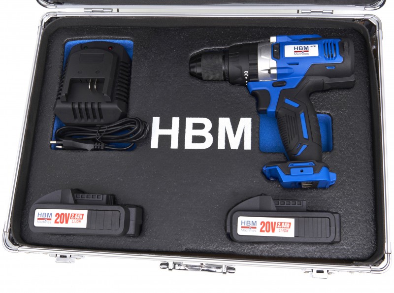 HBM 20V 2.0Ah batteriboremaskine 55 Nm med 100-delt tilbehørssæt, 2 batterier, oplader og kuffert.