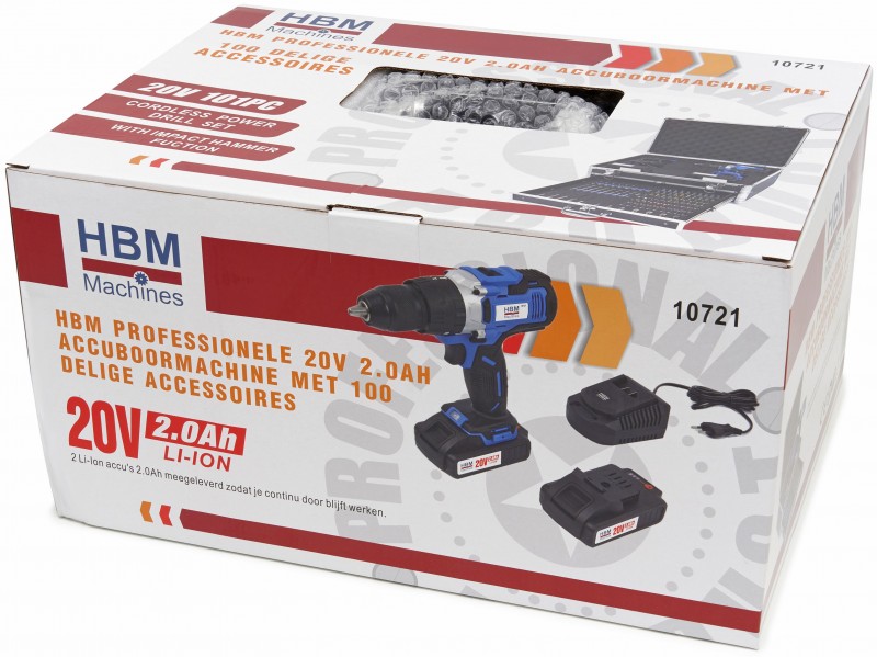HBM 20V 2.0Ah batteriboremaskine 55 Nm med 100-delt tilbehørssæt, 2 batterier, oplader og kuffert.