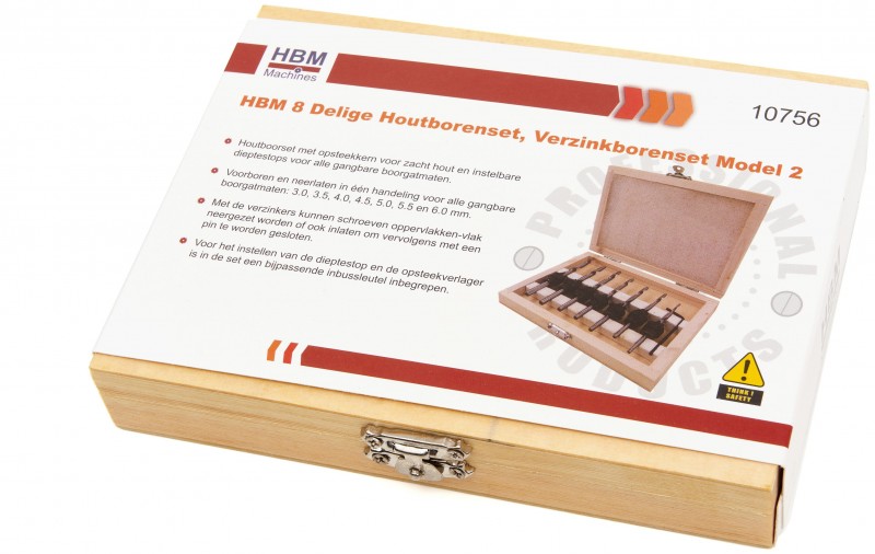 HBM 8-delige houtborenset en verzinkborenset model 2 met opbergkoffer HBM 8-delige houtborenset en verzinkborenset model 2 met opbergkoffer