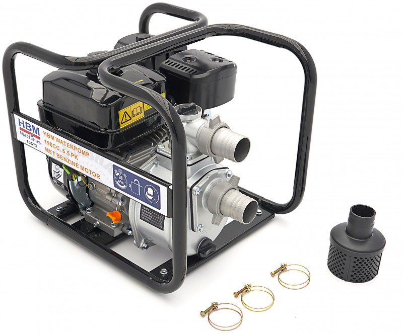 HBM waterpomp 196cc 6,5 pk benzine motor, 600 l/min, 2 inch 50 mm, trekstart, aluminium pomphuis