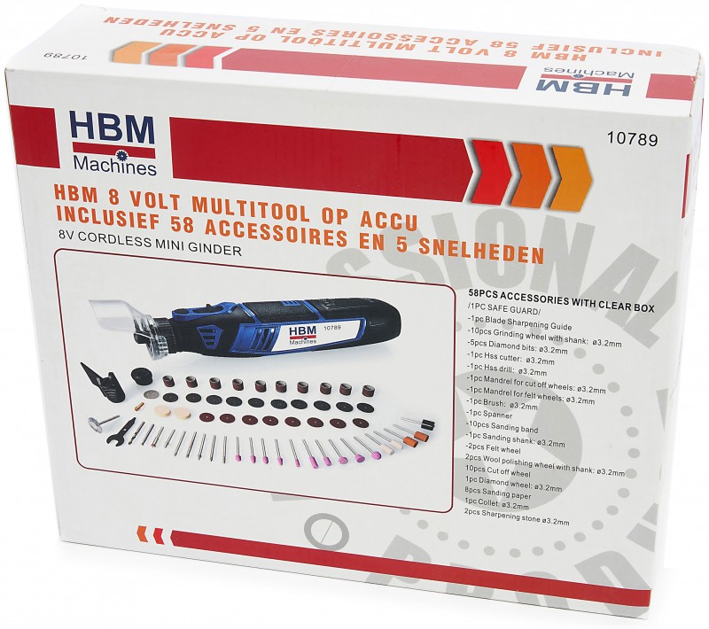 HBM 8V Multitool op Accu met 58 Accessoires en 5 Snelheden
