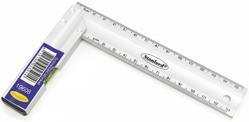 HBM Aluminium Blokhaak 250 mm med vaterpas, vinkellære, cm/mm