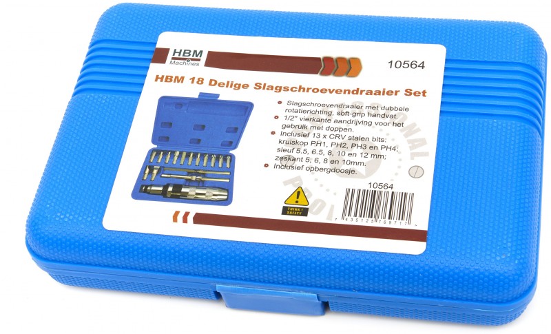 HBM 18-delige slagschroevendraaier set 1/2 inch Sleufkop, Hex, Philips