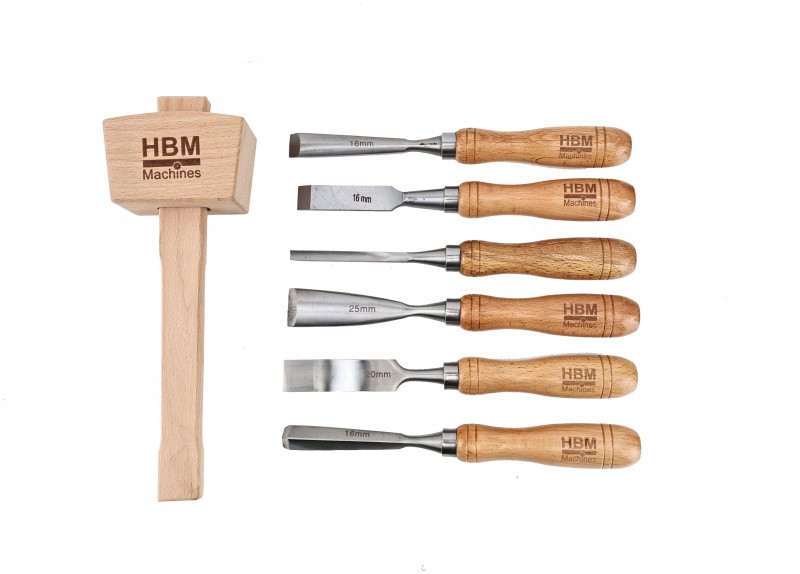 HBM Gutsenset en Steekbeitelset 7-delig met Houten Hamer 220 mm