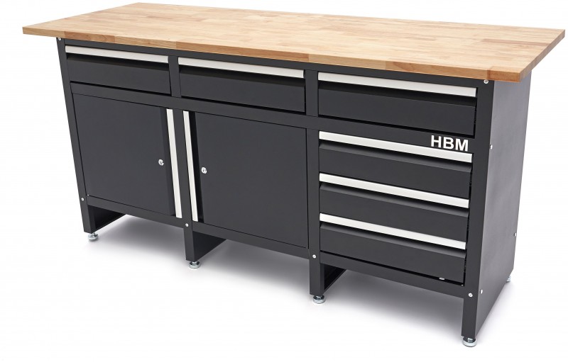 HBM arbejdsbænk 171 cm sort, massivt træarbejdsbord, 6 skuffer, 2 døre, stål, max. belastning 600 kg.