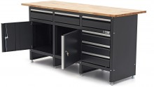 HBM arbejdsbænk 171 cm sort, massivt træarbejdsbord, 6 skuffer, 2 døre, stål, max. belastning 600 kg.