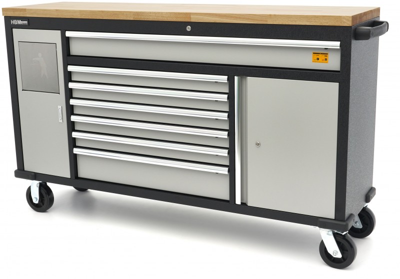 HBM 168 cm Professionele verrijdbare gereedschapswagen en werkbank met massief houten werkblad, 500 kg draagvermogen