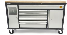 HBM 168 cm Professionele verrijdbare gereedschapswagen en werkbank met massief houten werkblad, 500 kg draagvermogen