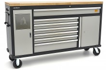 HBM 168 cm Professionele verrijdbare gereedschapswagen en werkbank met massief houten werkblad, 500 kg draagvermogen