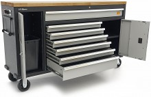 HBM 168 cm Professionele verrijdbare gereedschapswagen en werkbank met massief houten werkblad, 500 kg draagvermogen