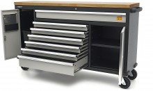 HBM 168 cm Professionele verrijdbare gereedschapswagen en werkbank met massief houten werkblad, 500 kg draagvermogen