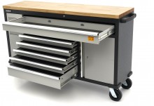 HBM 168 cm Professionele verrijdbare gereedschapswagen en werkbank met massief houten werkblad, 500 kg draagvermogen