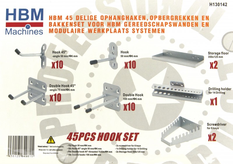HBM 45-delt Ophængskroge, Opbevaringsreoler og Bakkesæt til Værktøjsvægge og Modulære Værkstedssystemer, 38 mm.