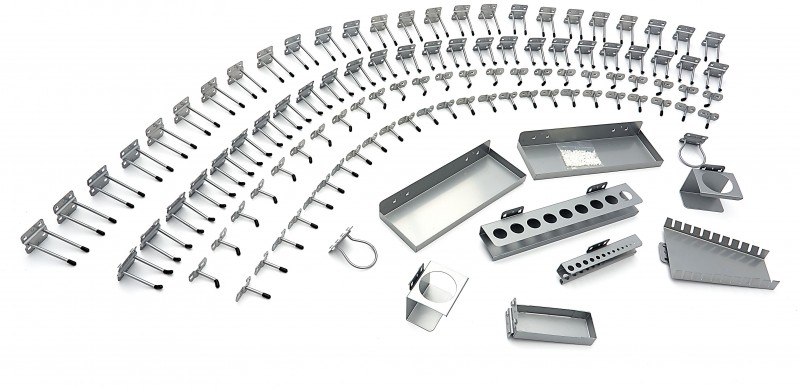 HBM 110-delige ophanghaken, opbergrekken en bakkenset voor gereedschapswanden en modulaire werkplaats systemen, 38 mm
