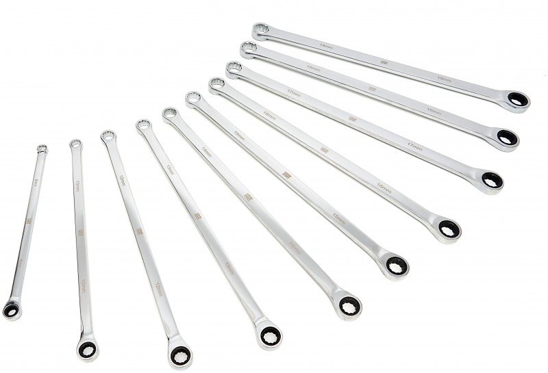 HBM 10-delige professionele extra lange ringsleutelset met vaste kop en ratelfunctie 8-19 mm