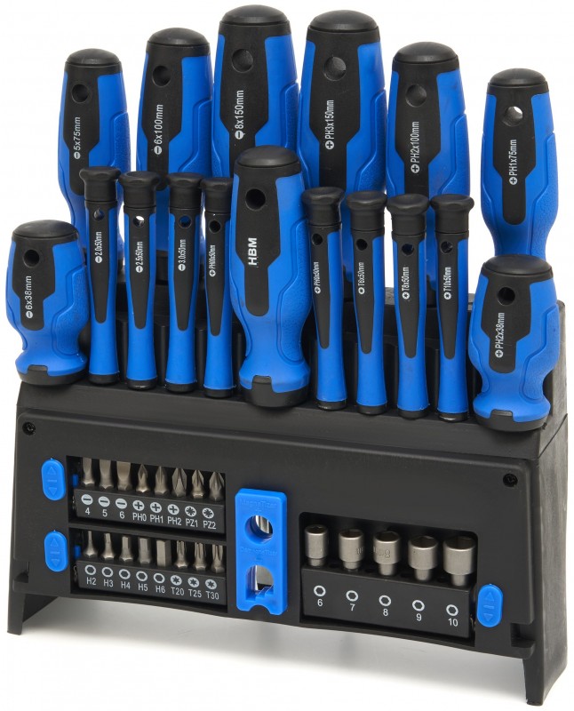 HBM 39-delt skruetrækker-, bit- og topnøglesæt - Slids, Hex, Philips, Pozidriv, Torx, bitholder.