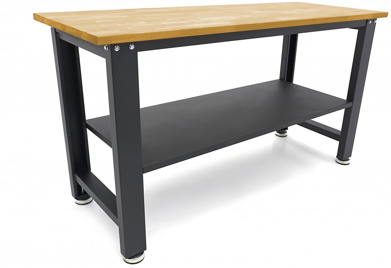 HBM arbejdsbænk 160 cm højdejusterbar, massiv træbordplade, stål, sort, 1000 kg bæreevne HBM arbejdsbænk 160 cm højdejusterbar, massiv træbordplade, stål, sort, 1000 kg bæreevne
