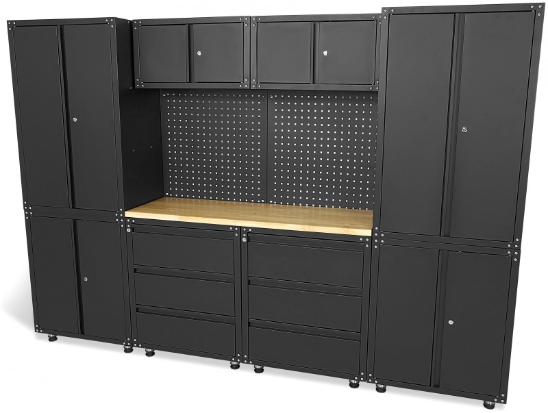 HBM værkstedssystem 11-delt mat sort, stål, komplet, pulverlakeret, 268,5 x 187,5 x 48,2 cm.