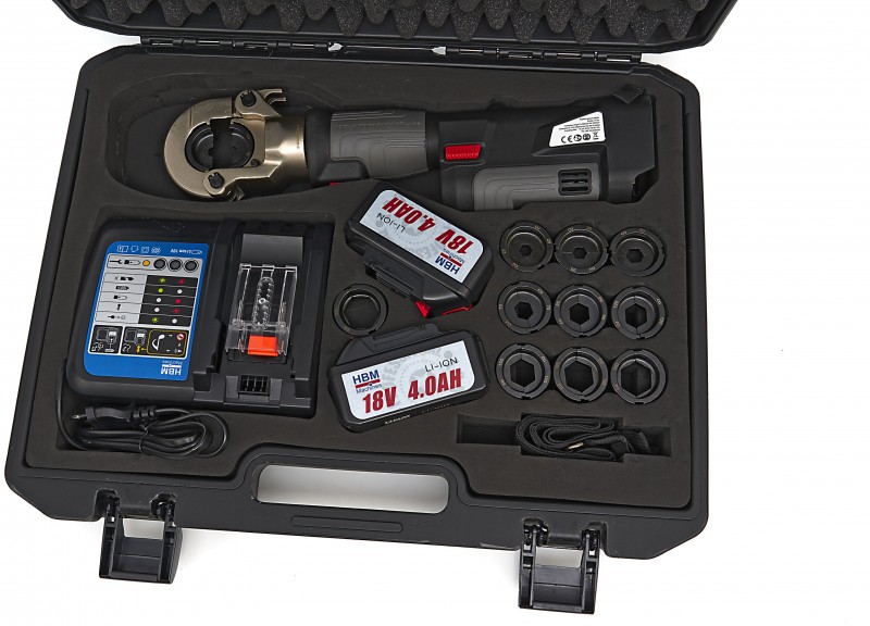 HBM hydraulische kabelkrimptang set 16-300 mm² 60 kN op accu, 18 V, 4 Ah, incl. opbergkoffer HBM hydraulische kabelkrimptang set 16-300 mm² 60 kN op accu, 18 V, 4 Ah, incl. opbergkoffer