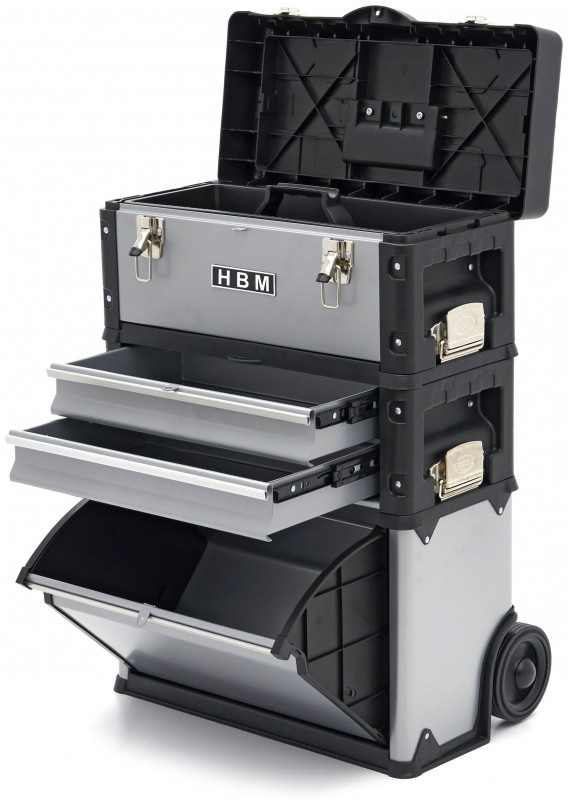 HBM 3-delige modulaire verrijdbare gereedschapskistenset, 75 kg, 50x72x23 cm, uitneembare sorteerbak HBM 3-delige modulaire verrijdbare gereedschapskistenset, 75 kg, 50x72x23 cm, uitneembare sorteerbak