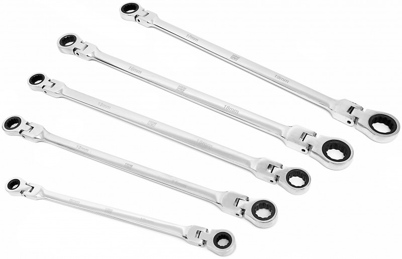 HBM 5-delige professionele extra lange ringsleutelset met ratelfunctie en kantelbare koppen 8-19 mm HBM 5-delige professionele extra lange ringsleutelset met ratelfunctie en kantelbare koppen 8-19 mm