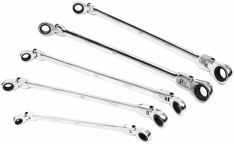 HBM 5-delige professionele extra lange ringsleutelset met ratelfunctie en kantelbare koppen 8-19 mm HBM 5-delige professionele extra lange ringsleutelset met ratelfunctie en kantelbare koppen 8-19 mm