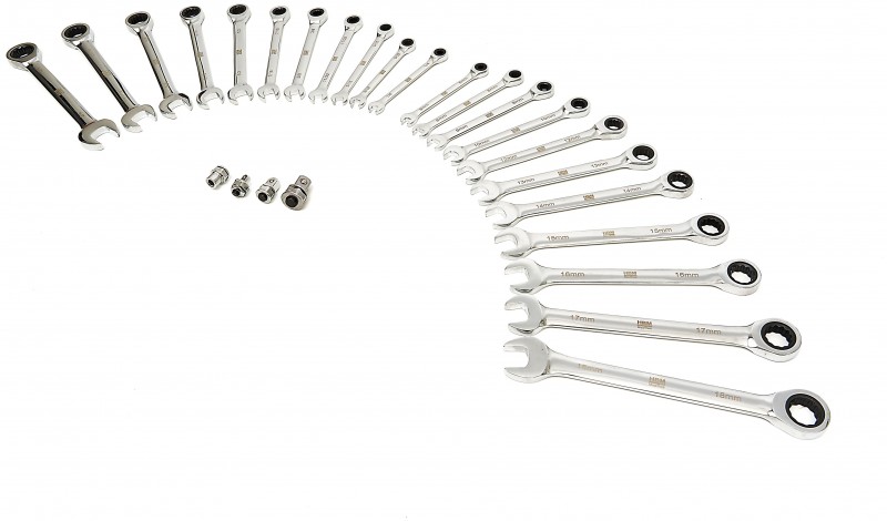 HBM 23-delige professionele ringsleutel-, steeksleutel- en ratelsleutelset metrisch en inch met 4 adapters