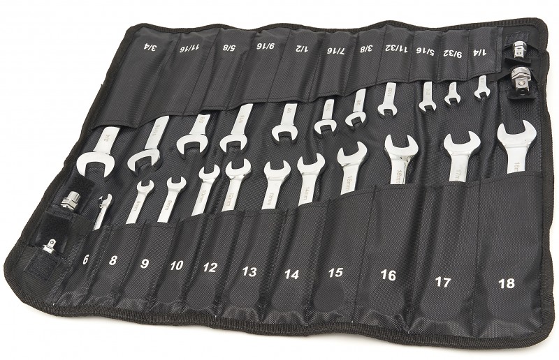 HBM 23-delige professionele ringsleutel-, steeksleutel- en ratelsleutelset metrisch en inch met 4 adapters