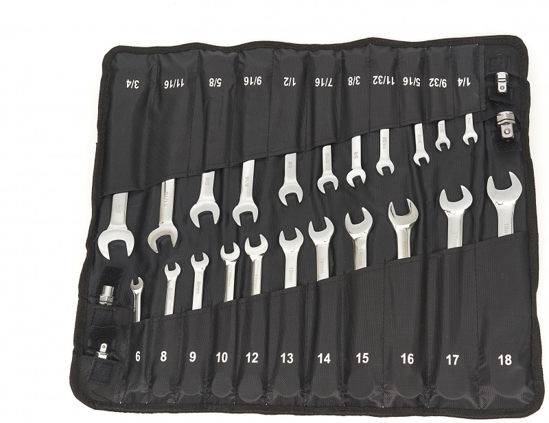 HBM 23-delige professionele ringsleutel-, steeksleutel- en ratelsleutelset metrisch en inch met 4 adapters