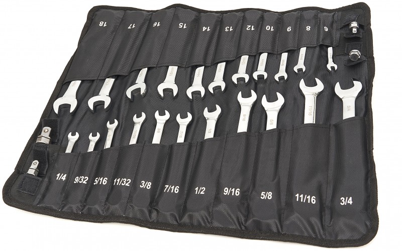 HBM 23-delige professionele ringsleutel-, steeksleutel- en ratelsleutelset metrisch en inch met 4 adapters