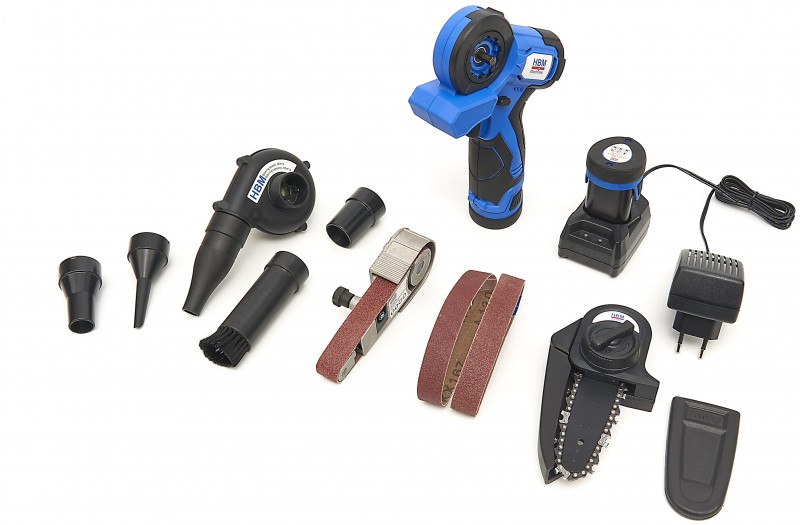 HBM 3-in-1 accu kettingzaag, schuurmachine en bladblazer 12V, 2 Ah Li-ion, 80 mm zwaard, 4.000 rpm
