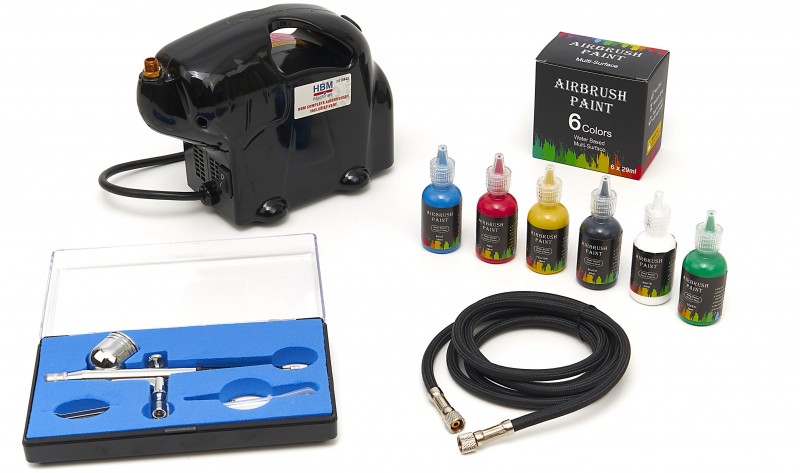 HBM Komplet Airbrushsæt Inklusive Maling, 2,5 Bar, 13 l/min, 230 V, 50 Hz