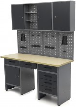 HBM arbejdsbænk 160 cm med 6 skuffer, 3 overskabe, bagvæg, stål/træ, sort/grå. HBM arbejdsbænk 160 cm med 6 skuffer, 3 overskabe, bagvæg, stål/træ, sort/grå.
