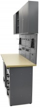 HBM arbejdsbænk 160 cm med 6 skuffer, 3 overskabe, bagvæg, stål/træ, sort/grå.