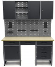HBM arbejdsbænk 160 cm med 6 skuffer, 3 overskabe, bagvæg, stål/træ, sort/grå.