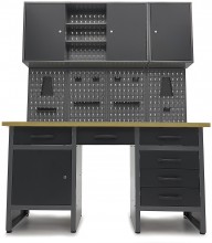 HBM arbejdsbænk 160 cm med 6 skuffer, 3 overskabe, bagvæg, stål/træ, sort/grå.