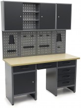 HBM arbejdsbænk 160 cm med 6 skuffer, 3 overskabe, bagvæg, stål/træ, sort/grå.