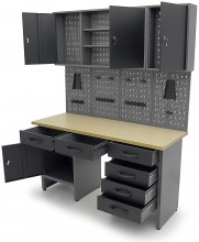 HBM arbejdsbænk 160 cm med 6 skuffer, 3 overskabe, bagvæg, stål/træ, sort/grå.