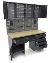 HBM arbejdsbænk 160 cm med 6 skuffer, 3 overskabe, bagvæg, stål/træ, sort/grå.
