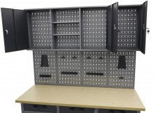 HBM arbejdsbænk 160 cm med 6 skuffer, 3 overskabe, bagvæg, stål/træ, sort/grå.