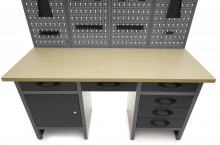 HBM arbejdsbænk 160 cm med 6 skuffer, 3 overskabe, bagvæg, stål/træ, sort/grå.